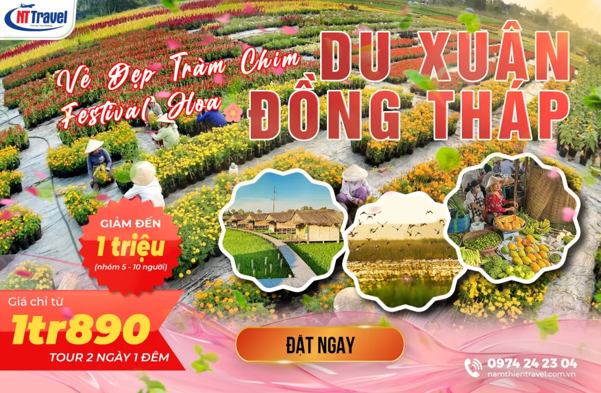 Tour Du Lịch Đồng Tháp 2 Ngày 1 Đêm | Festival Hoa Kiểng Đồng Tháp 2026 – VQG Tràm Chim – KDL Mỹ Phước Thành – Chợ Quê Tân Thuận Đông
