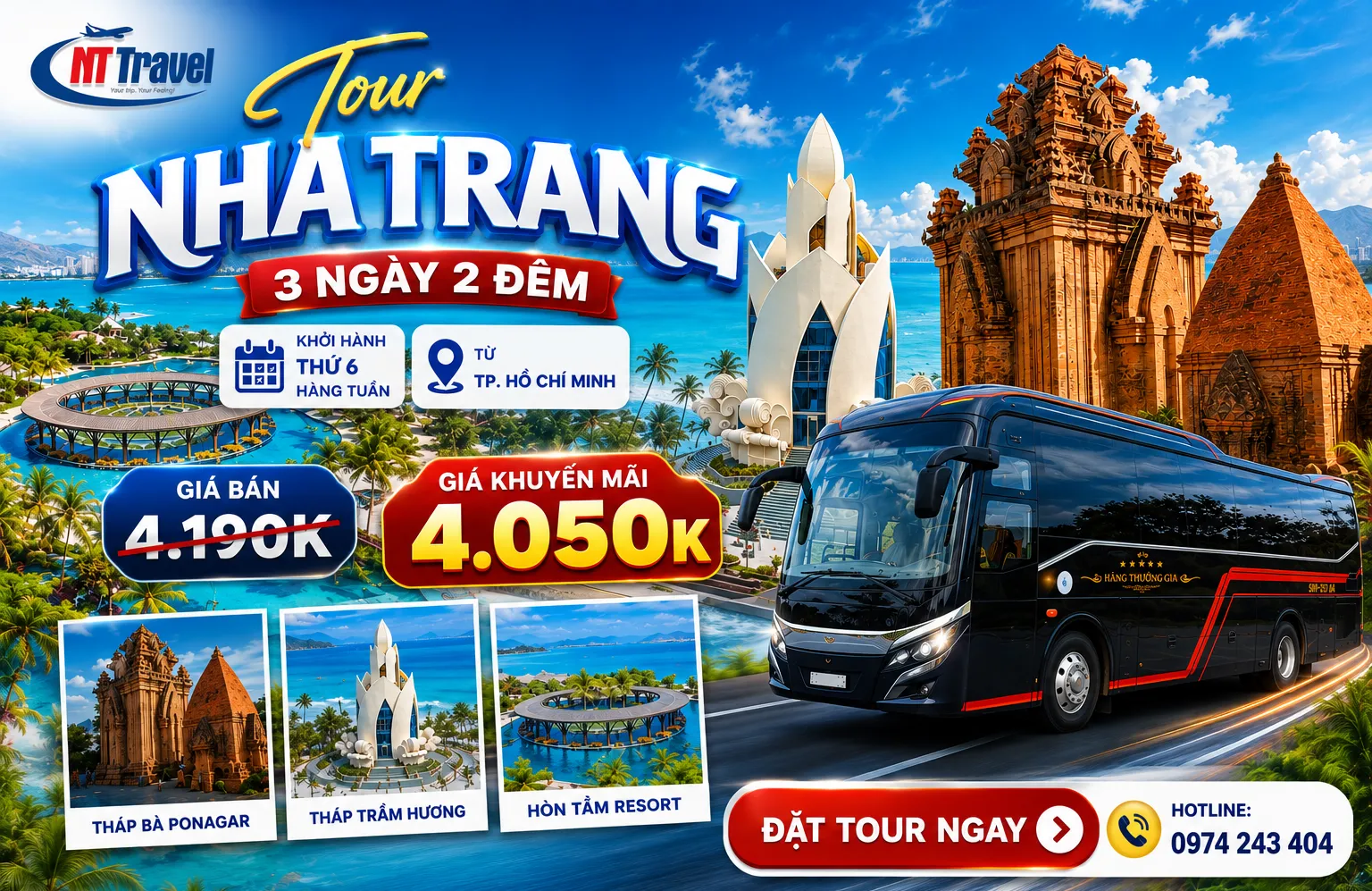 Tour Nha Trang 3 Ngày 2 Đêm Từ HCM | Hòn Tằm – Tắm Bùn Khoáng – Xe Limousine