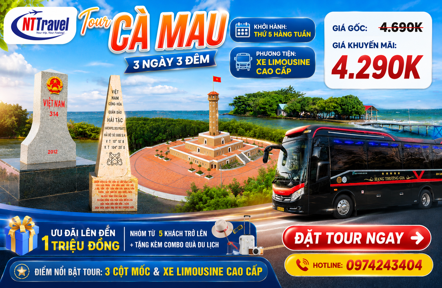 Tour Cà Mau 3 Ngày 3 Đêm | 3 Cột Mốc Tổ Quốc – Mũi Cà Mau – Đảo Hải Tặc