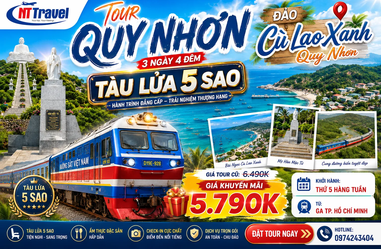 Tour Quy Nhơn 3N4Đ Tàu Lửa 5 Sao | Kỳ Co – Eo Gió – Cù Lao Xanh
