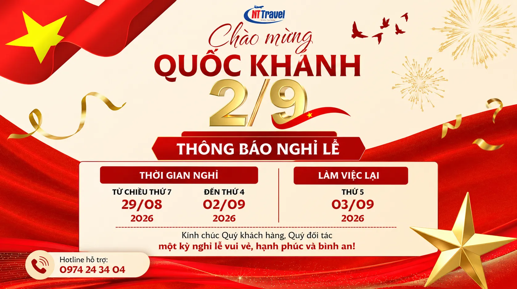 THÔNG BÁO LỊCH NGHỈ LỄ QUỐC KHÁNH 2/9/2026 – NAM THIÊN TRAVEL